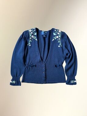 Blue Floral Embroidered V-Neck Cardigan Jacket